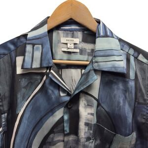 Reiss Men's Medium Blue Geometric Art Polyester Cuban Collar Button Front Shirt